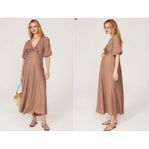 Ripe Maternity Camille Tie Front Linen Midi Dress Clay Women's XS Puff Sleeve